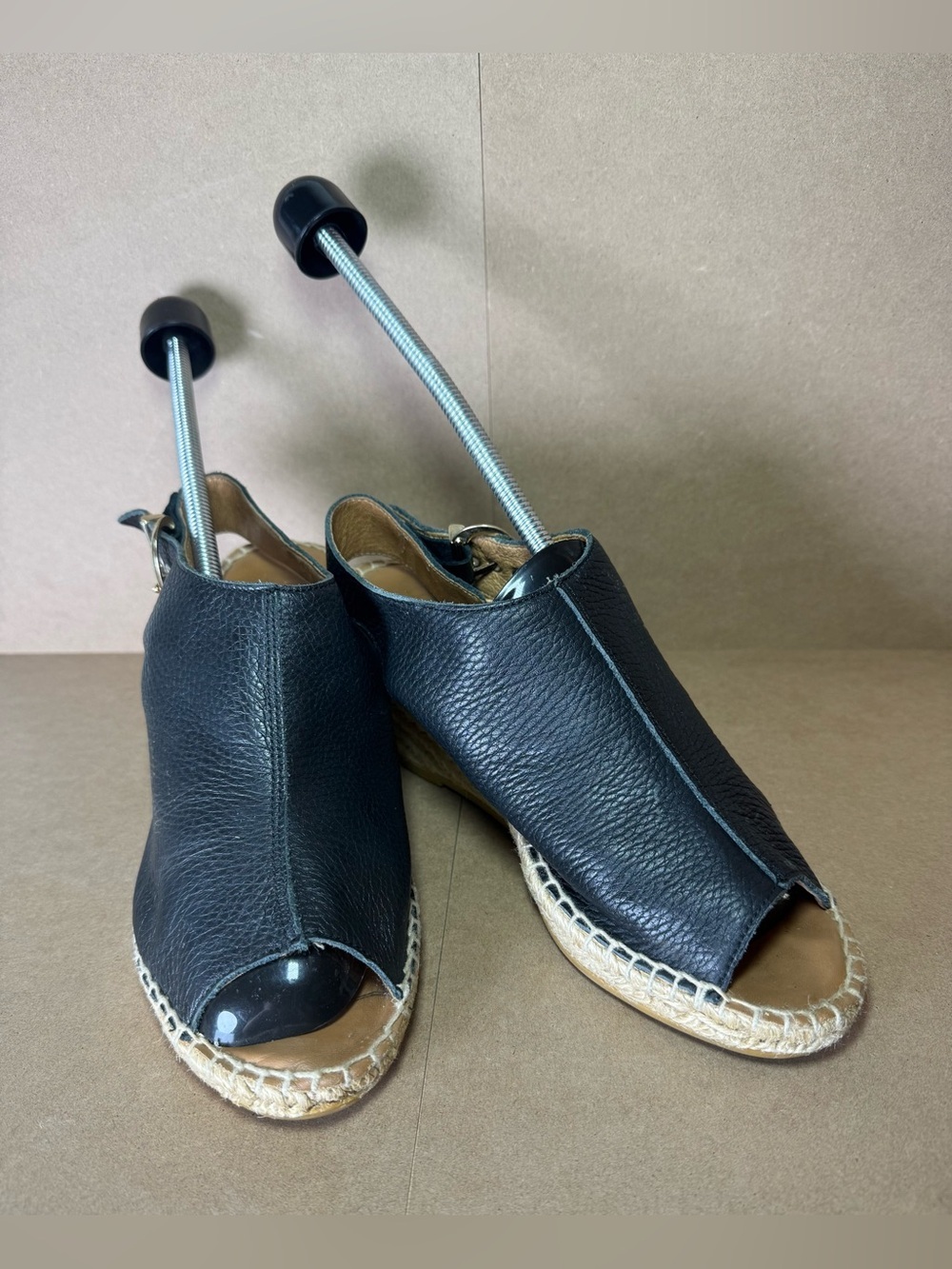 Maypol Black Leather Peep Toe Slingback Espadrille Sandals 3" Size US 7.5/8